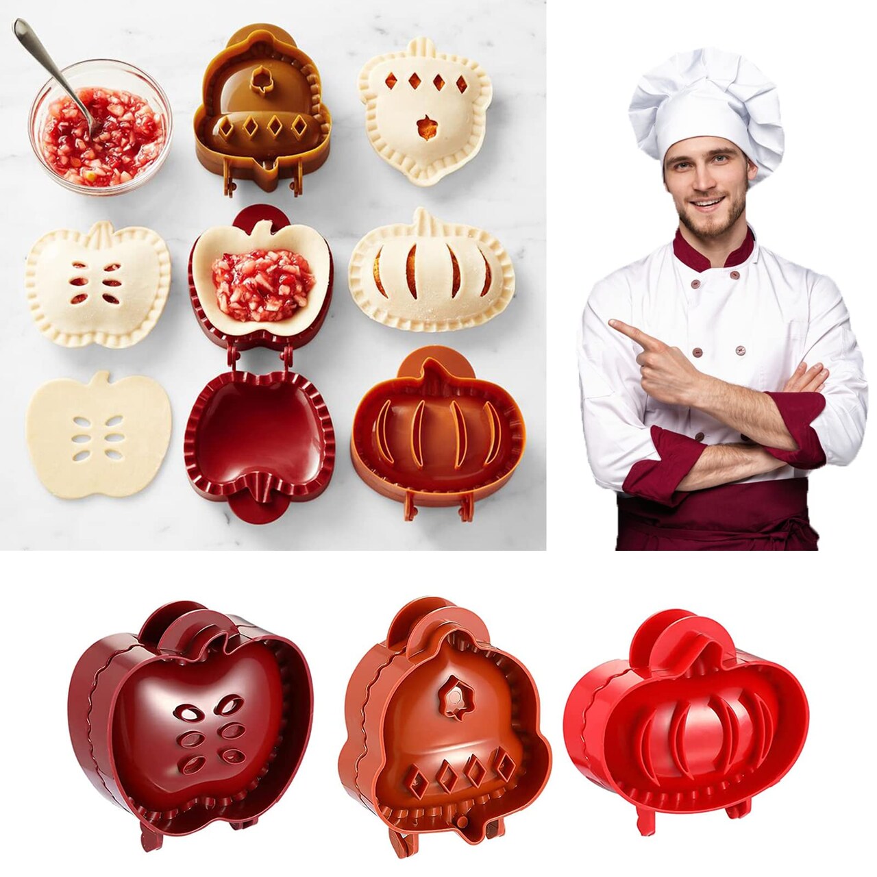 Mini Pie Molds Dough Presser Pocket Pie Molds for Baking, Party Potluck Hand Pie Molds Set of 3, Apple, Pumpkin and Acorn Shapes (Red)